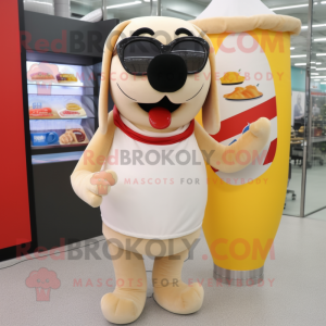 Beige Hot Dogs mascot costume character dressed with a Skirt and Sunglasses