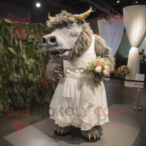 Gray Woolly Rhinoceros mascot costume character dressed with a Wedding Dress and Suspenders