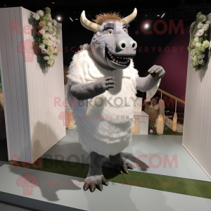 Gray Woolly Rhinoceros mascot costume character dressed with a Wedding Dress and Suspenders