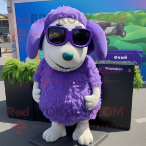 Purple Sheep mascot costume character dressed with a Tank Top and Sunglasses