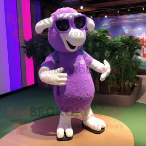 Purple Sheep mascot costume character dressed with a Tank Top and Sunglasses