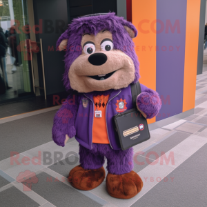 Purple Shepard'S Pie mascot costume character dressed with a Corduroy Pants and Messenger bags
