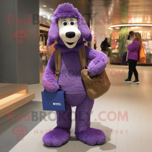 Purple Shepard'S Pie mascot costume character dressed with a Corduroy Pants and Messenger bags