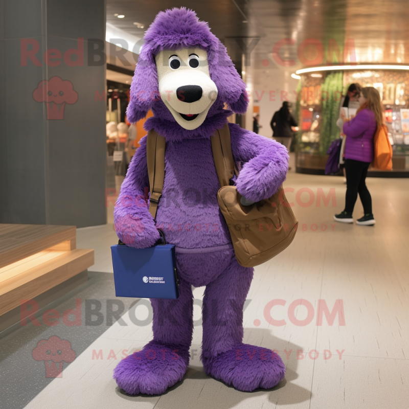 Purple Shepard'S Pie mascot costume character dressed with a Corduroy Pants and Messenger bags