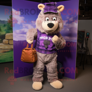 Purple Shepard'S Pie mascot costume character dressed with a Corduroy Pants and Messenger bags