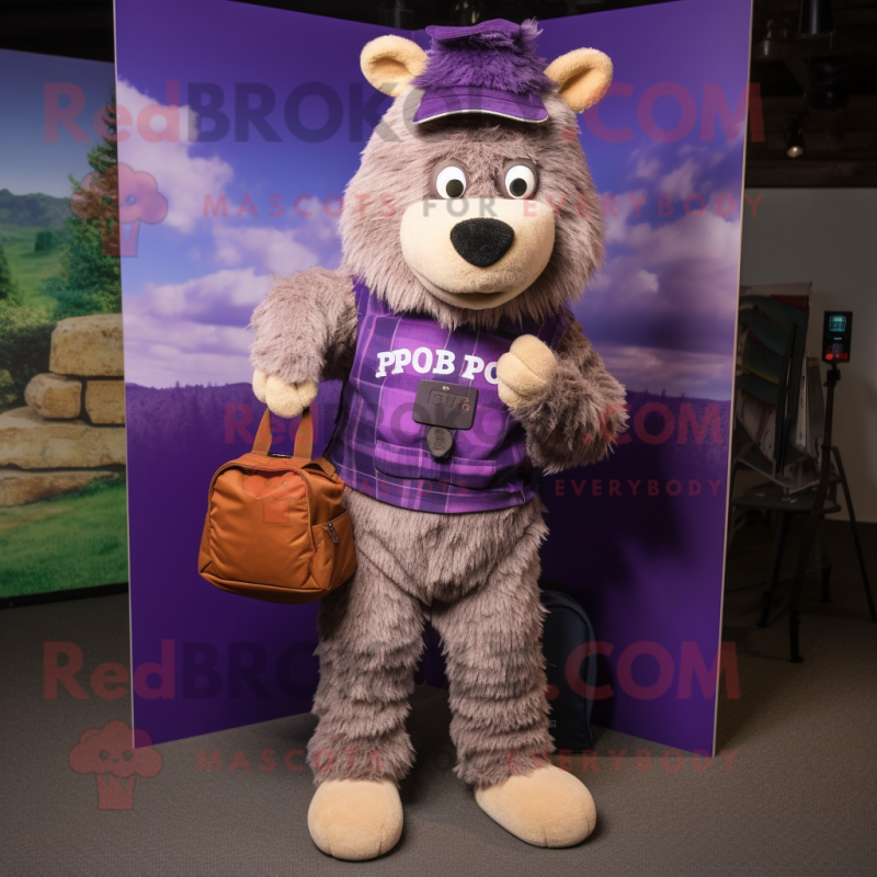 Purple Shepard'S Pie mascot costume character dressed with a Corduroy Pants and Messenger bags