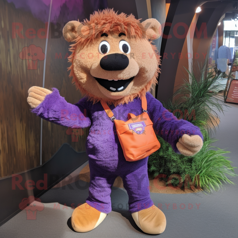 Purple Shepard'S Pie mascot costume character dressed with a Corduroy Pants and Messenger bags