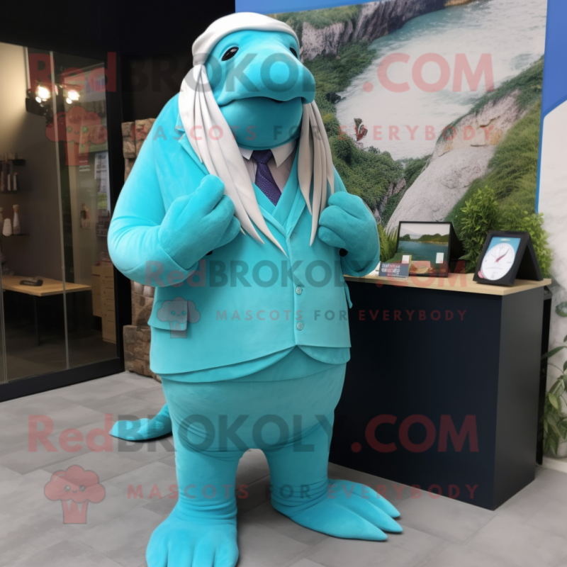 Turquoise Walrus mascot costume character dressed with a Suit Pants and Bracelet watches