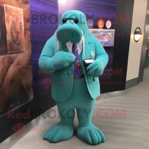 Turquoise Walrus mascot costume character dressed with a Suit Pants and Bracelet watches