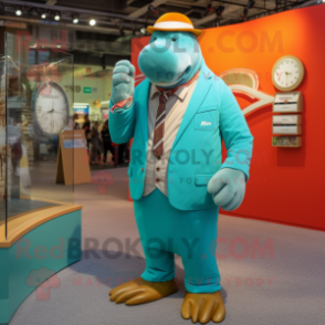 Turquoise Walrus mascot costume character dressed with a Suit Pants and Bracelet watches