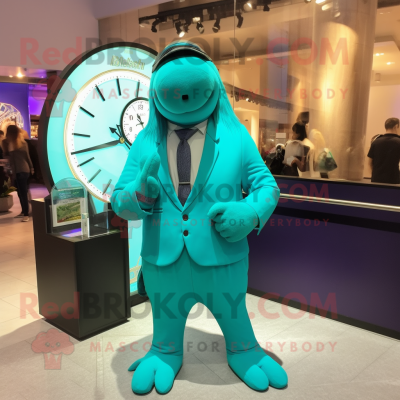 Turquoise Walrus mascot costume character dressed with a Suit Pants and Bracelet watches