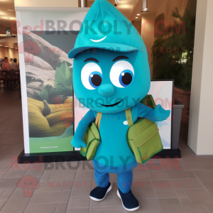 Teal Spinach mascot costume character dressed with a Jeggings and Backpacks