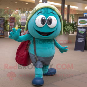 Teal Spinach mascot costume character dressed with a Jeggings and Backpacks