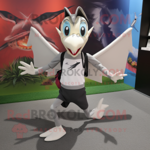 Silver Pterodactyl mascot costume character dressed with a Running Shorts and Backpacks