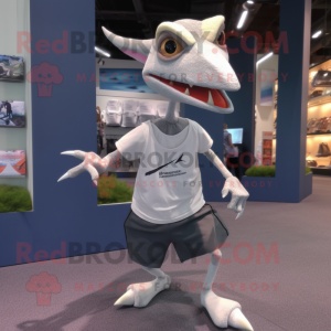 Silver Pterodactyl mascot costume character dressed with a Running Shorts and Backpacks