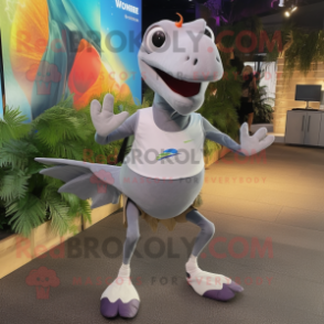 Silver Pterodactyl mascot costume character dressed with a Running Shorts and Backpacks