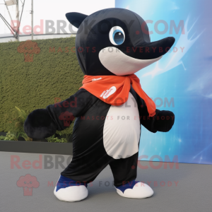 Rust Killer Whale mascot costume character dressed with a Flare Jeans and Scarves
