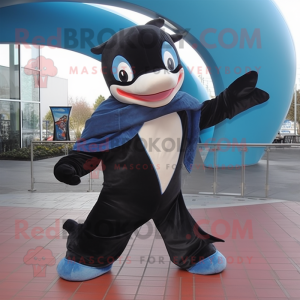 Rust Killer Whale mascot costume character dressed with a Flare Jeans and Scarves