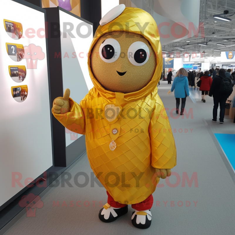 Gold Shakshuka mascot costume character dressed with a Parka and Scarf clips Gold Shakshuka mascot costume character dressed with a Parka and Scarf clips
