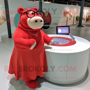 Red Hippopotamus mascot costume character dressed with a Circle Skirt and Eyeglasses