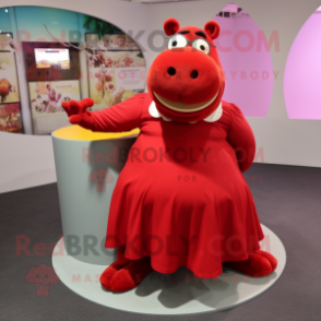 Red Hippopotamus mascot costume character dressed with a Circle Skirt and Eyeglasses