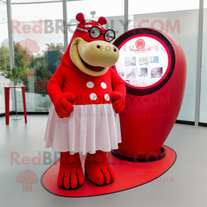 Red Hippopotamus mascot costume character dressed with a Circle Skirt and Eyeglasses