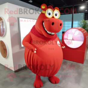 Red Hippopotamus mascot costume character dressed with a Circle Skirt and Eyeglasses