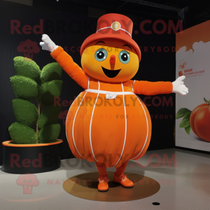 Orange Plum mascot costume character dressed with a A-Line Skirt and Rings