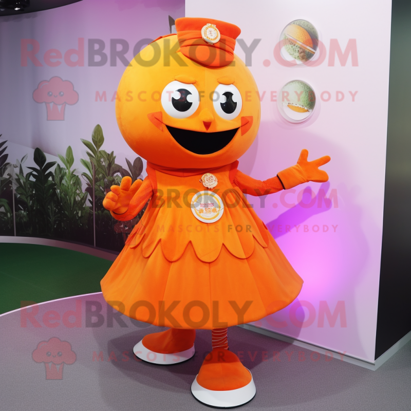 Orange Plum mascot costume character dressed with a A-Line Skirt and Rings