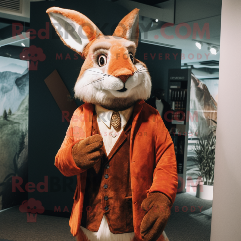 Rust Wild Rabbit mascot costume character dressed with a Blazer and Shawls