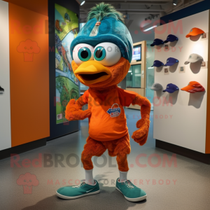 Rust Peacock mascot costume character dressed with a Running Shorts and Hats