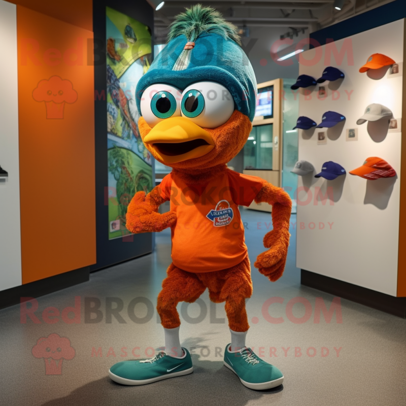 Rust Peacock mascot costume character dressed with a Running Shorts and Hats Rust Peacock mascot costume character dressed with a Running Shorts and Hats