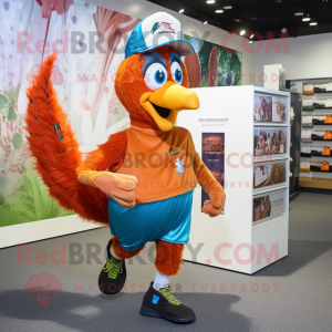 Rust Peacock mascot costume character dressed with a Running Shorts and Hats