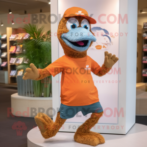 Rust Peacock mascot costume character dressed with a Running Shorts and Hats