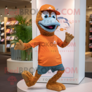 Rust Peacock mascot costume character dressed with a Running Shorts and Hats