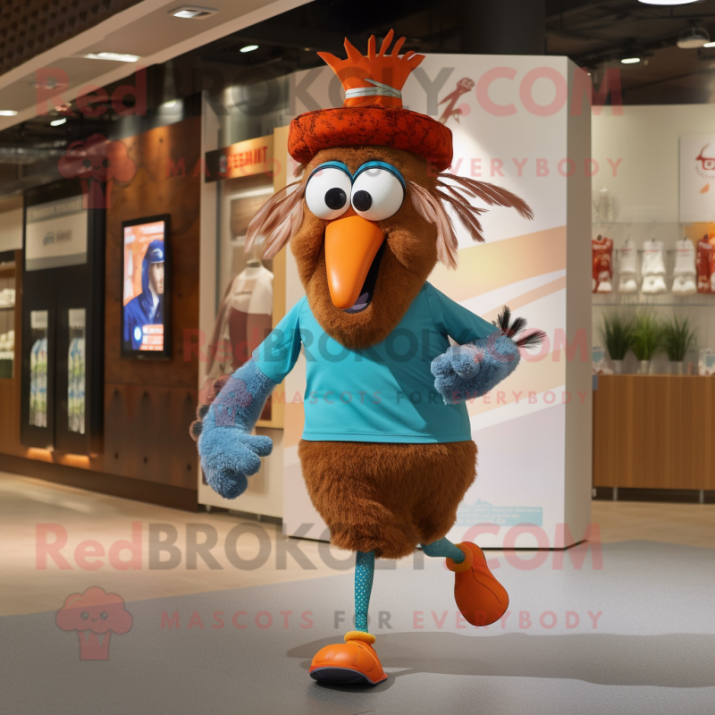 Rust Peacock mascot costume character dressed with a Running Shorts and Hats Rust Peacock mascot costume character dressed with a Running Shorts and Hats