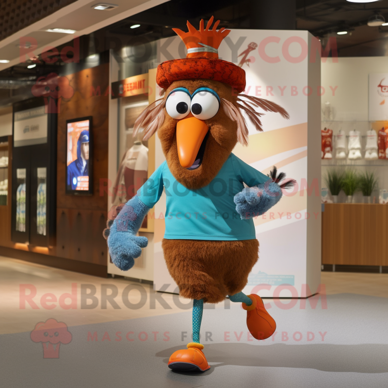 Rust Peacock mascot costume character dressed with a Running Shorts and Hats