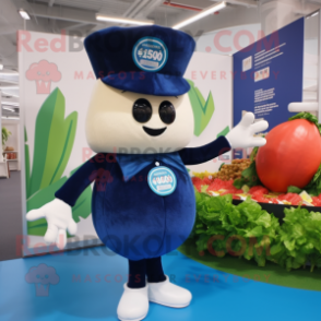 Navy Radish mascot costume character dressed with a Mini Skirt and Rings