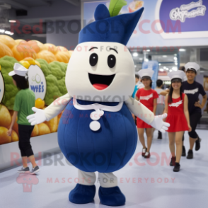 Navy Radish mascot costume character dressed with a Mini Skirt and Rings