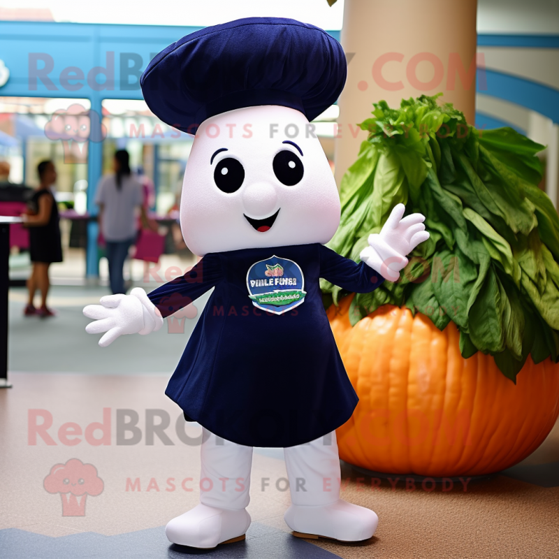 Navy Radish mascot costume character dressed with a Mini Skirt and Rings