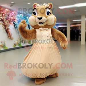 Tan Squirrel mascot costume character dressed with a Evening Gown and Shoe clips