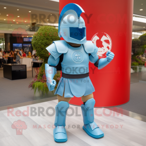 Sky Blue Spartan Soldier mascot costume character dressed with a Denim Shorts and Anklets