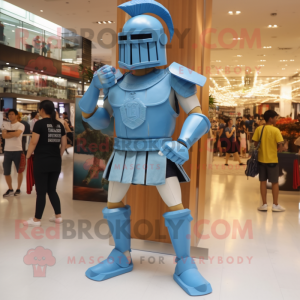 Sky Blue Spartan Soldier mascot costume character dressed with a Denim Shorts and Anklets