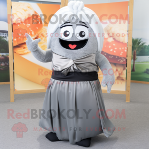 Gray Sushi mascot costume character dressed with a Maxi Skirt and Belts