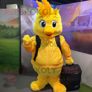 Yellow Butter Chicken mascot costume character dressed with a Jacket and Backpacks