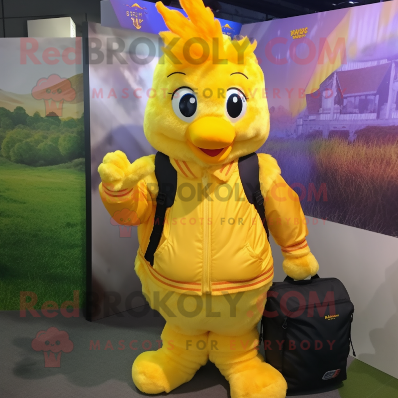 Yellow Butter Chicken mascot costume character dressed with a Jacket and Backpacks Yellow Butter Chicken mascot costume character dressed with a Jacket and Backpacks