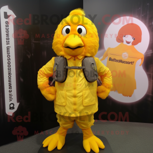 Yellow Butter Chicken mascot costume character dressed with a Jacket and Backpacks