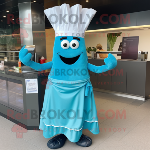 Cyan Steak mascot costume character dressed with a Empire Waist Dress and Headbands
