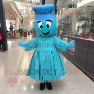 Cyan Steak mascot costume character dressed with a Empire Waist Dress and Headbands