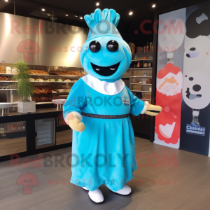 Cyan Steak mascot costume character dressed with a Empire Waist Dress and Headbands